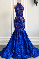 Suzhoufashion Glamorous Long Royal Blue Halter Mermaid Prom Dress With Lace Flowers Sleeveless