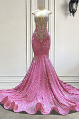 Suzhoufashion Glamorous Pink Sequined Sleeveless Straps Long Beading Mermaid Prom Dresses