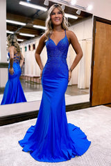 Suzhoufashion Gorgeous Royal Blue Prom Dress Long Mermaid Spaghetti-Straps V-Neck