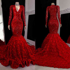 Suzhoufashion Gorgeous V-neck Lace Prom Dress With Long Sleeves Long Red Mermaid