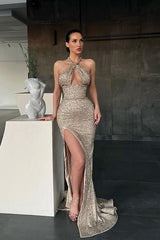 Suzhoufashion Halter Sequins Mermaid Evening Prom Dresses Sleeveless With Slit