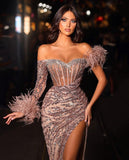 Suzhoufashion Modern Off-the-Shoulder Sequins Evening Prom Dresses Dusty Pink Mermaid With Feather