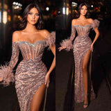 Suzhoufashion Modern Off-the-Shoulder Sequins Evening Prom Dresses Dusty Pink Mermaid With Feather