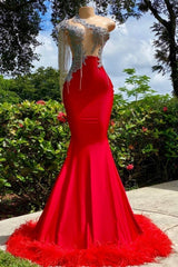 Suzhoufashion Modern Ruby Tassel Asymmetrical One Shoulder Satin Mermaid Prom Dresses with Ruffles