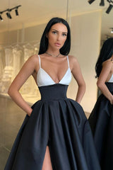 Suzhoufashion Modern Spaghetti-Straps Black and White Evening Prom Dresses Long With Slit