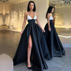 Suzhoufashion Modern Spaghetti-Straps Black and White Evening Prom Dresses Long With Slit