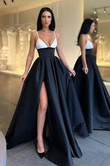 Suzhoufashion Modern Spaghetti-Straps Black and White Evening Prom Dresses Long With Slit