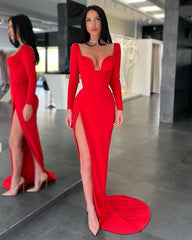 Suzhoufashion Red Long Sleeves V-Neck Evening Dress Mermaid With Slit On Sale