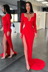 Suzhoufashion Red Long Sleeves V-Neck Evening Dress Mermaid With Slit On Sale