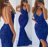 Suzhoufashion Royal Blue Sequins Mermaid Evening Dress V-Neck Sleeveless With Slit