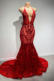 Suzhoufashion Sexy Long Red V-neck Lace Sleeveless Mermaid Prom Dress Halter Backless