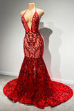 Suzhoufashion Sexy Long Red V-neck Lace Sleeveless Mermaid Prom Dress Halter Backless