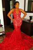 Suzhoufashion Sexy Long Red V-neck Lace Sleeveless Mermaid Prom Dress Halter Backless