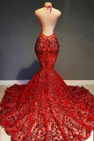 Suzhoufashion Sexy Long Red V-neck Lace Sleeveless Mermaid Prom Dress Halter Backless