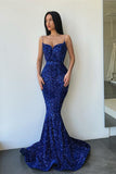 Spaghetti-Straps Royal Blue Mermaid Evening Prom Dresses Sweetheart With Split Sequins