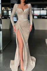 Suzhoufashion Sparkle Long sleeves Sweetheart Sequin Mermaid High split Evening Prom Dresses