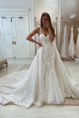 Suzhoufashion Sweetheart Spaghetti-Straps Mermaid Sleeveless Lace Bridal Dresses With Detachable Train