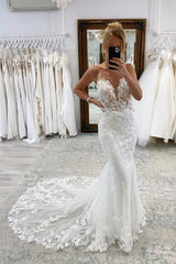 Suzhoufashion Vintage White Long Mermaid V-neck Lace Wedding Dresses