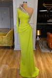 Suzhoufashion Yellow Green Long Sleeves One Shoulder Evening Prom Dresses Mermaid With Beads