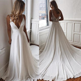 Sweep-Train A-line Lace Charming White Spaghetti-Straps Wedding Dresses