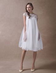 Sweet Short Sleeves Tulle Lace Knee-Length Bow Wedding Dresses