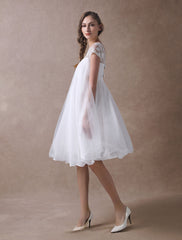 Sweet Short Sleeves Tulle Lace Knee-Length Bow Wedding Dresses