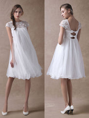 Sweet Short Sleeves Tulle Lace Knee-Length Bow Wedding Dresses