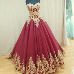 Sweetheart Burgundy Long Evening Dresses Gold Lace Appliques Formal Dresses BA4661