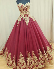 Sweetheart Burgundy Long Evening Dresses Gold Lace Appliques Formal Dresses BA4661