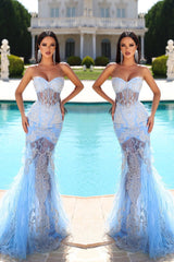 Sweetheart Long Mermaid Lace Evening Dress With Train Sleeveless