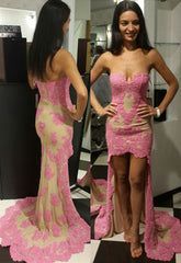 Sweetheart Sheath High Front Low Back Evening Dresses Sexy pink Lace Formal Dress