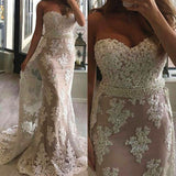 Sweetheart Sheath Lace Prom Dresses with Beads Belt Sexy Long Evening Gown with Long Train