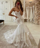 Sweetheart Tulle Ivory Ruffles Mermaid Wedding Dresses With Lace Appliques