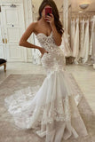 Sweetheart Tulle Ivory Ruffles Mermaid Wedding Dresses With Lace Appliques