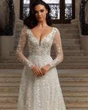 Sweetheart Tulle White Lace Appliques Wedding Dresses With Long Sleeves