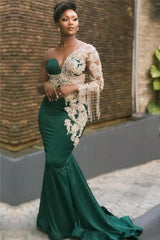 Tassels Beaded Appliques Mermaid Green Long Sleeve Prom Dresses with Sleeves