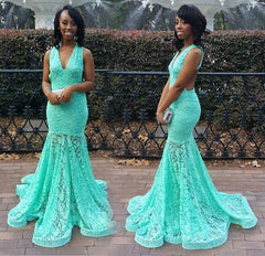 Turquoise Lace Dress for Prom Sexy Open Back Memraid Evening Dresses