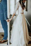 Two Piece Tulle Appliques Wedding Dress 3/4 Sleeves Bridal Gowns with Train