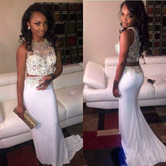 Two Pieces Prom Dresses Sleeveless Beading Sequins Long Evening Dress