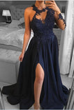 Unique One-shoulder Long-Sleeve A-Line Floor-Length Chiffon Prom Dresses with Appliques