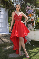 Unique Red Spaghetti Straps Sleeveless A-Line Prom Dresses with Lace