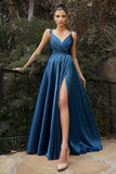 Unique Spaghetti Straps Sleeveless Column Floor-Length Elastic Woven Satin Prom Dresses with Ruffles