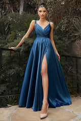 Unique Spaghetti Straps Sleeveless Column Floor-Length Elastic Woven Satin Prom Dresses with Ruffles