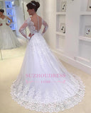 V-Neck Appliques Long-Sleeves Elegant Tulle A-Line Beadings Wedding Dress