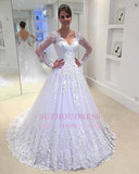 V-Neck Appliques Long-Sleeves Elegant Tulle A-Line Beadings Wedding Dress