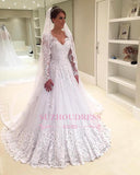 V-Neck Appliques Long-Sleeves Elegant Tulle A-Line Beadings Wedding Dress