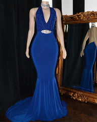 V-Neck Blue Sequins Prom Dresses | Elegant Crystal Backless Evening Dress