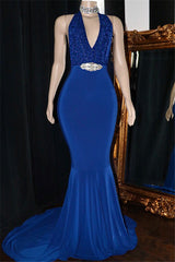 V-Neck Blue Sequins Prom Dresses | Elegant Crystal Backless Evening Dress