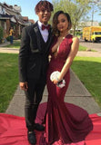 V-Neck Burgundy Sexy Sleeveless Lace Prom Dress