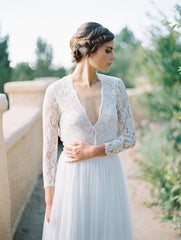 V-Neck Lace Long Sleeve Vintage Bridal Gown Latest Floor Length Custom Made Wedding Dress